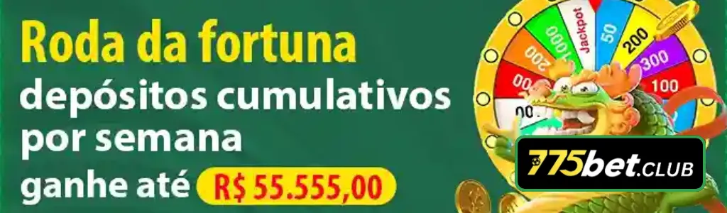 Roda da Fortuna com prêmios de até R$55.555 no 775BET cassino.